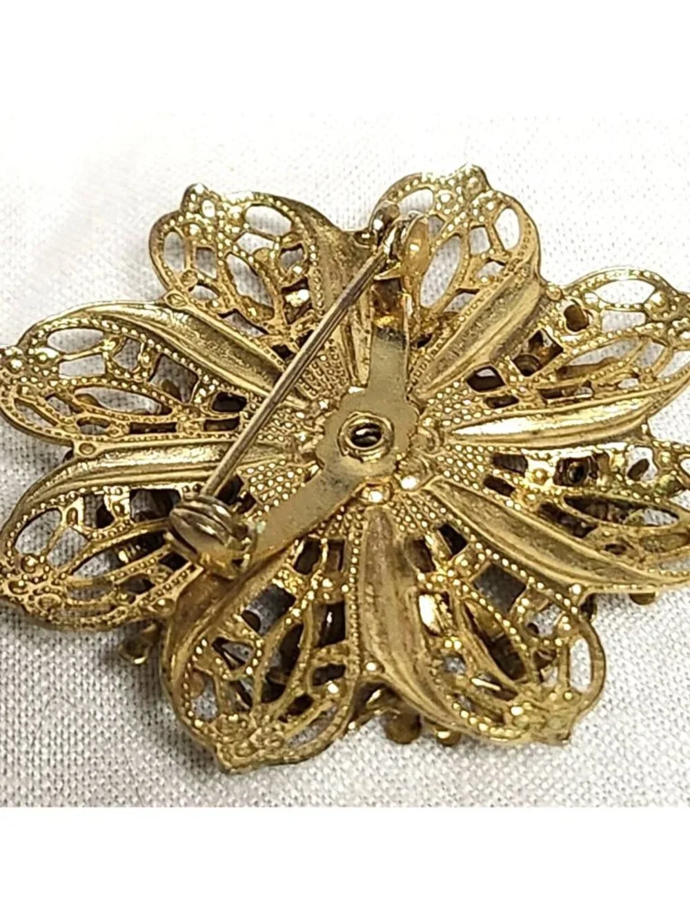 Vintage Gold Tone Multi-Layered Filigree Brooch Rhinestone Accents Sparkling Rom